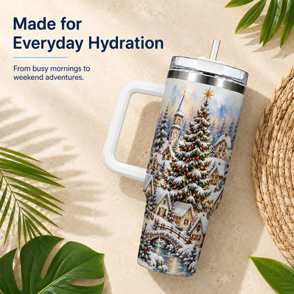 Watercolor Village 40oz Tumbler with Handle, Winter Travel Cup