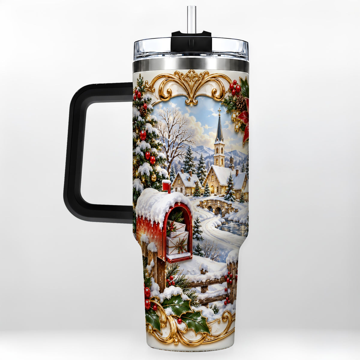 #pl[40oz|Black] Christmas Mailbox 40oz Tumbler with Handle, Winter Travel Cup