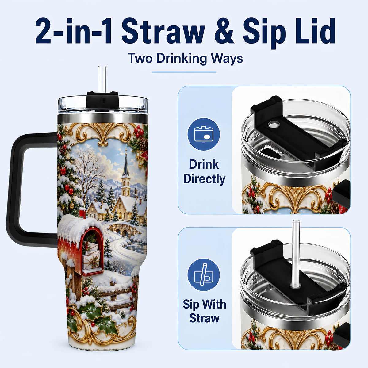 #pl[40oz|Black] Christmas Mailbox 40oz Tumbler with Handle, Winter Travel Cup