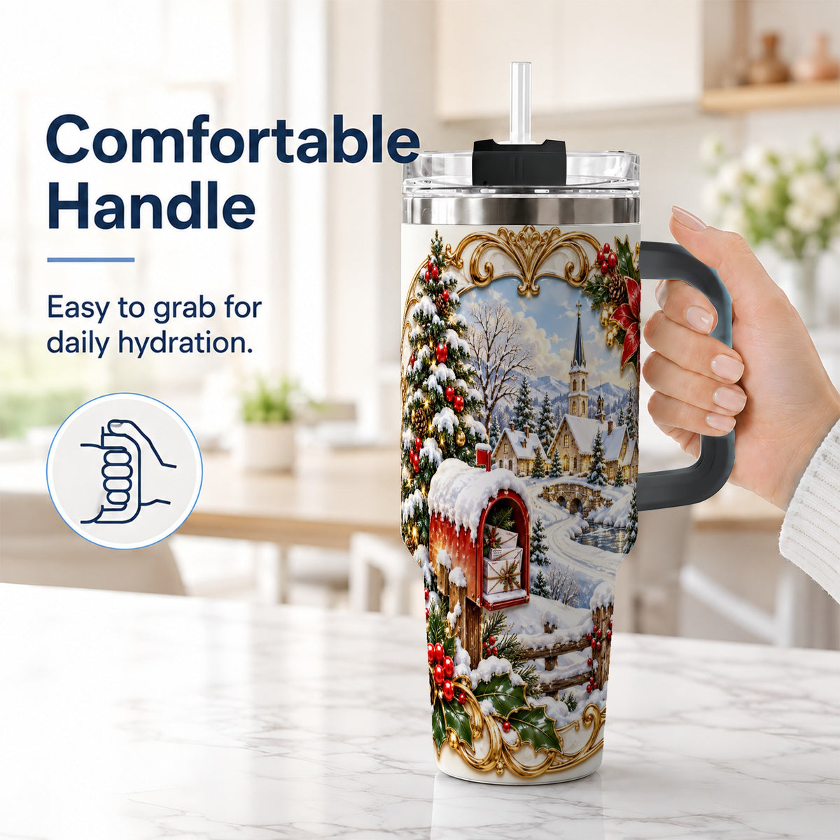 #pl[40oz|Black] Christmas Mailbox 40oz Tumbler with Handle, Winter Travel Cup