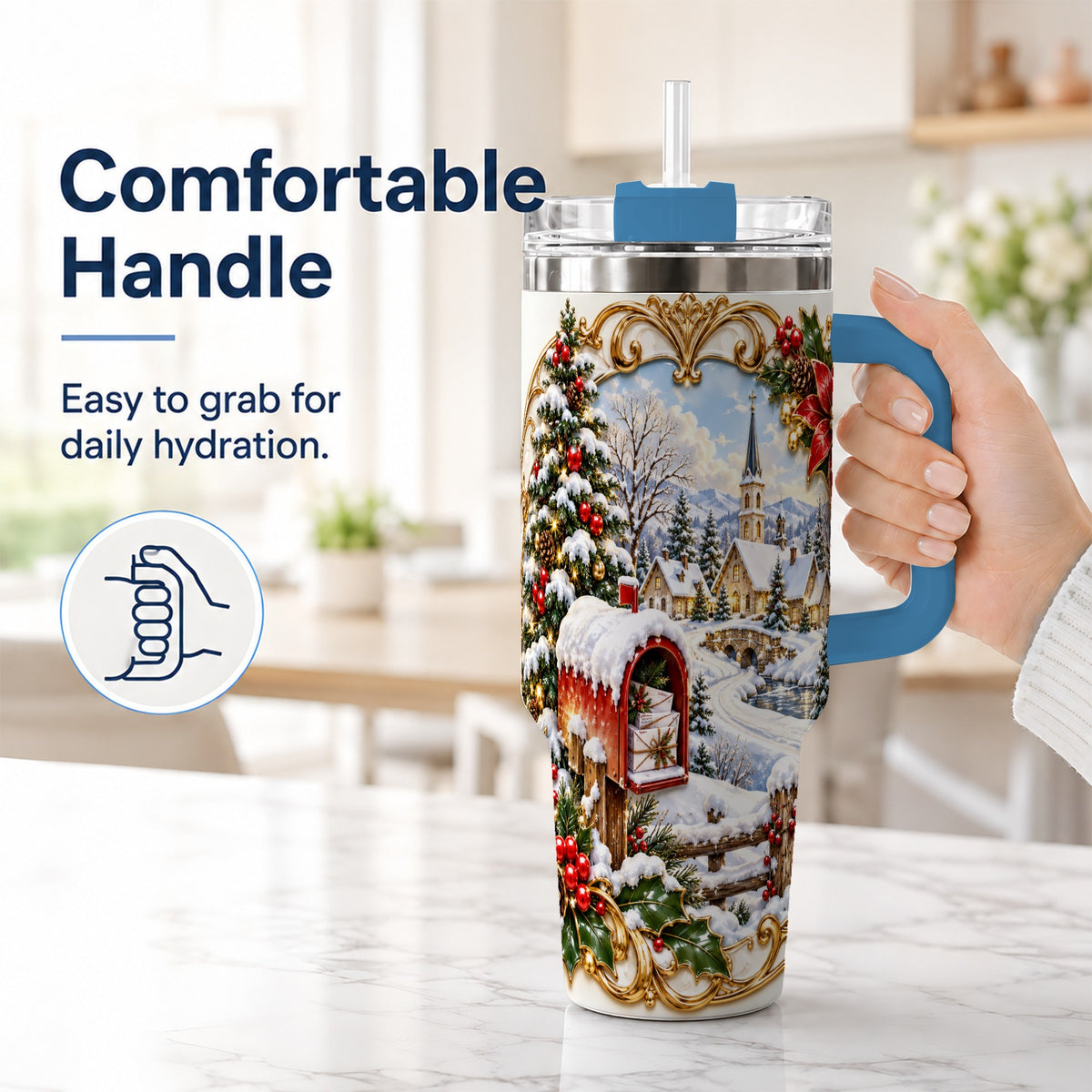 #pl[40oz|Blue] Christmas Mailbox 40oz Tumbler with Handle, Winter Travel Cup