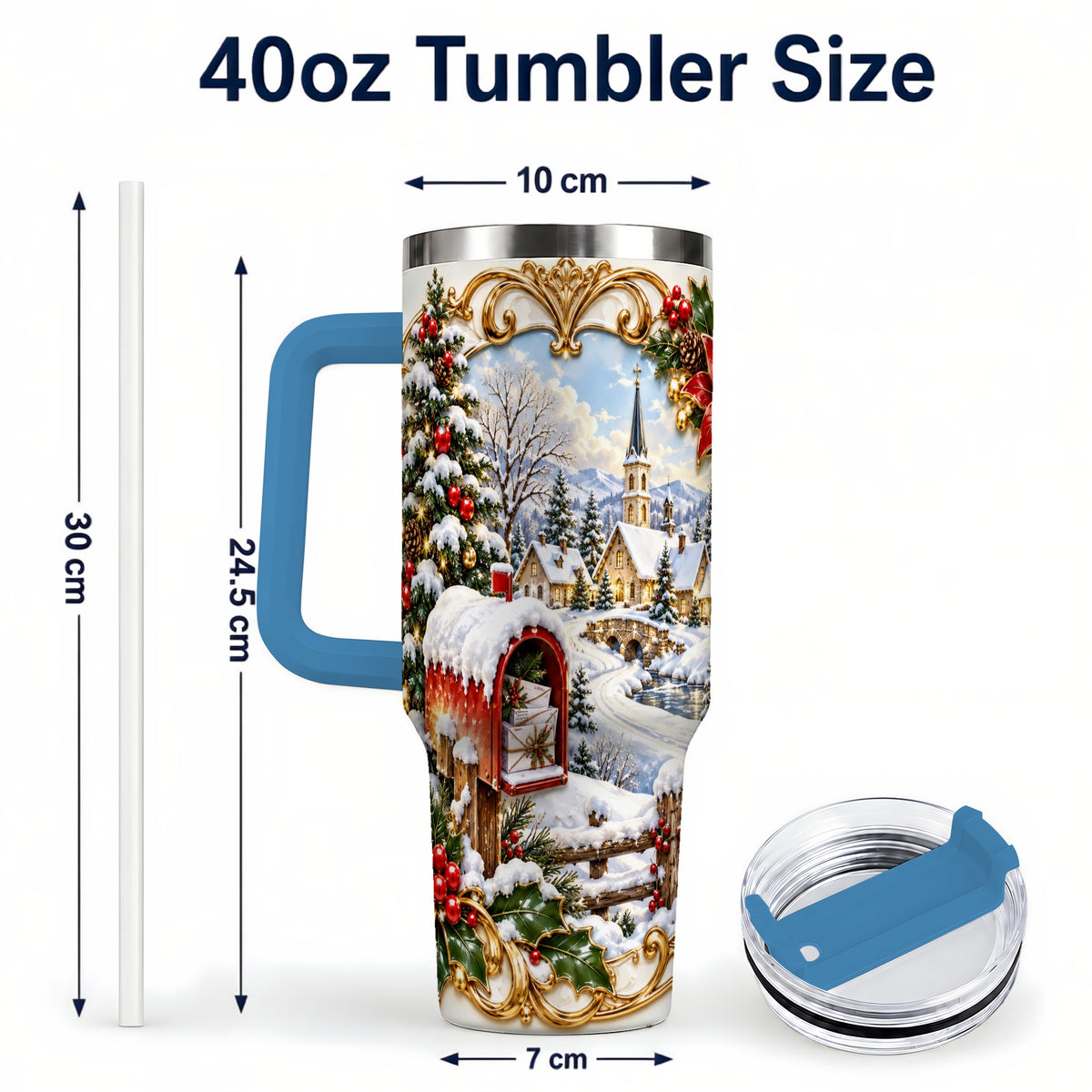 #pl[40oz|Blue] Christmas Mailbox 40oz Tumbler with Handle, Winter Travel Cup