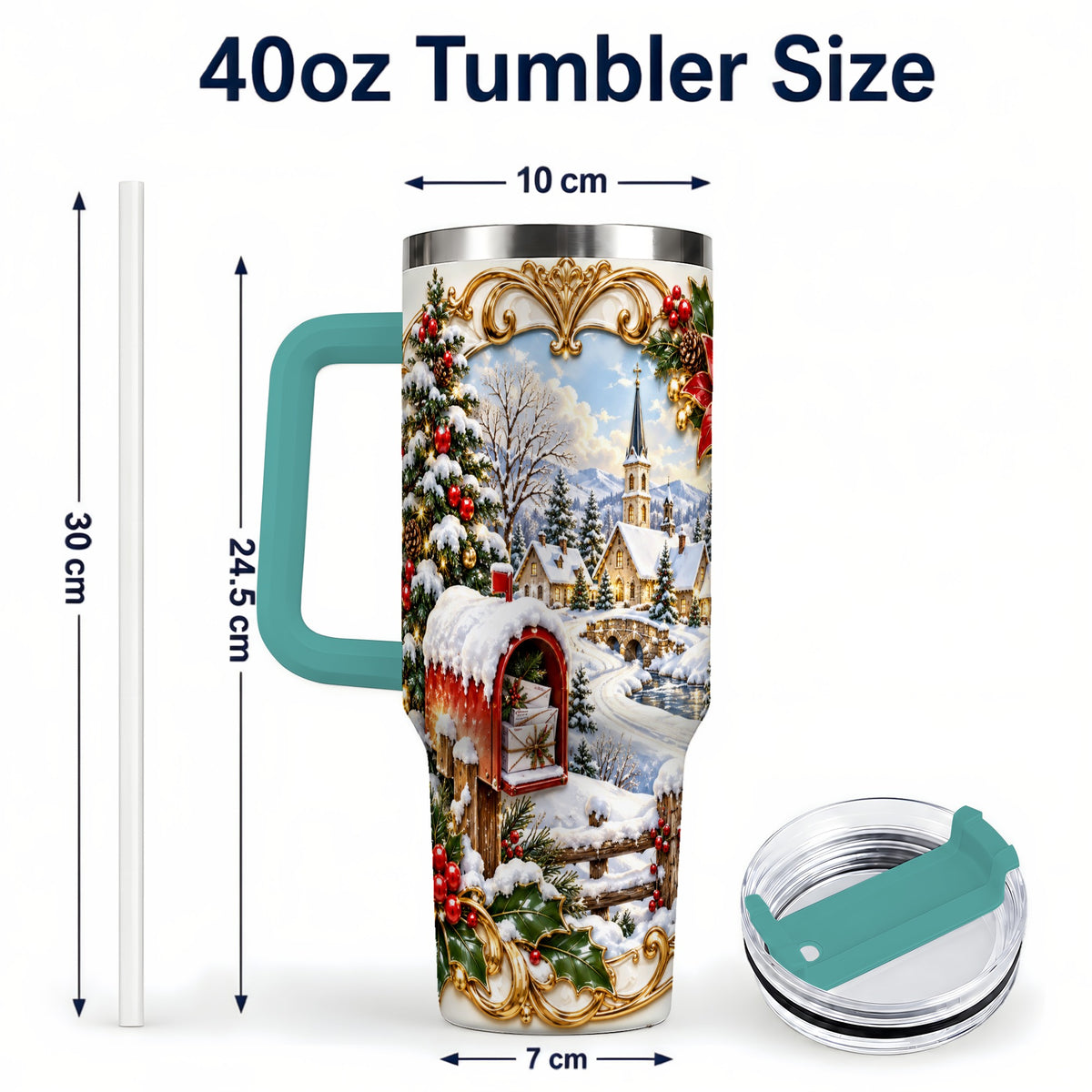 #pl[40oz|Green] Christmas Mailbox 40oz Tumbler with Handle, Winter Travel Cup