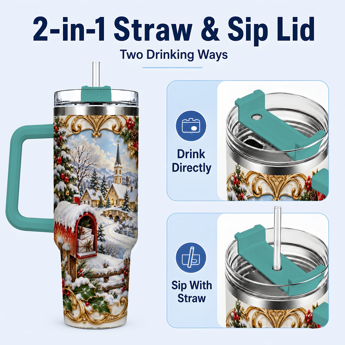 #pl[40oz|Green] Christmas Mailbox 40oz Tumbler with Handle, Winter Travel Cup