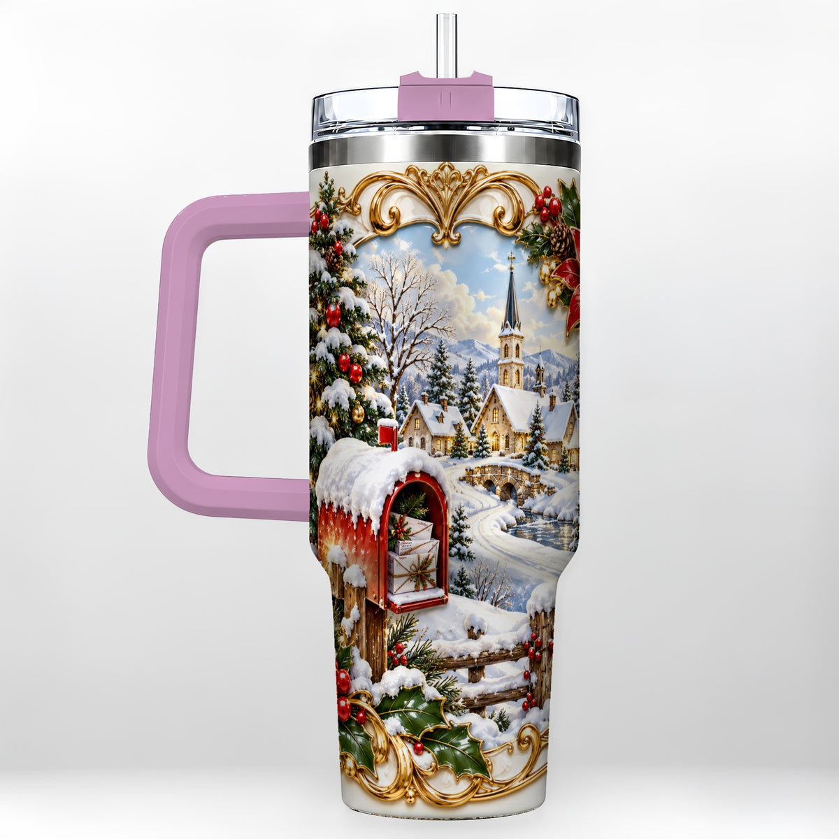 #pl[40oz|Pink] Christmas Mailbox 40oz Tumbler with Handle, Winter Travel Cup