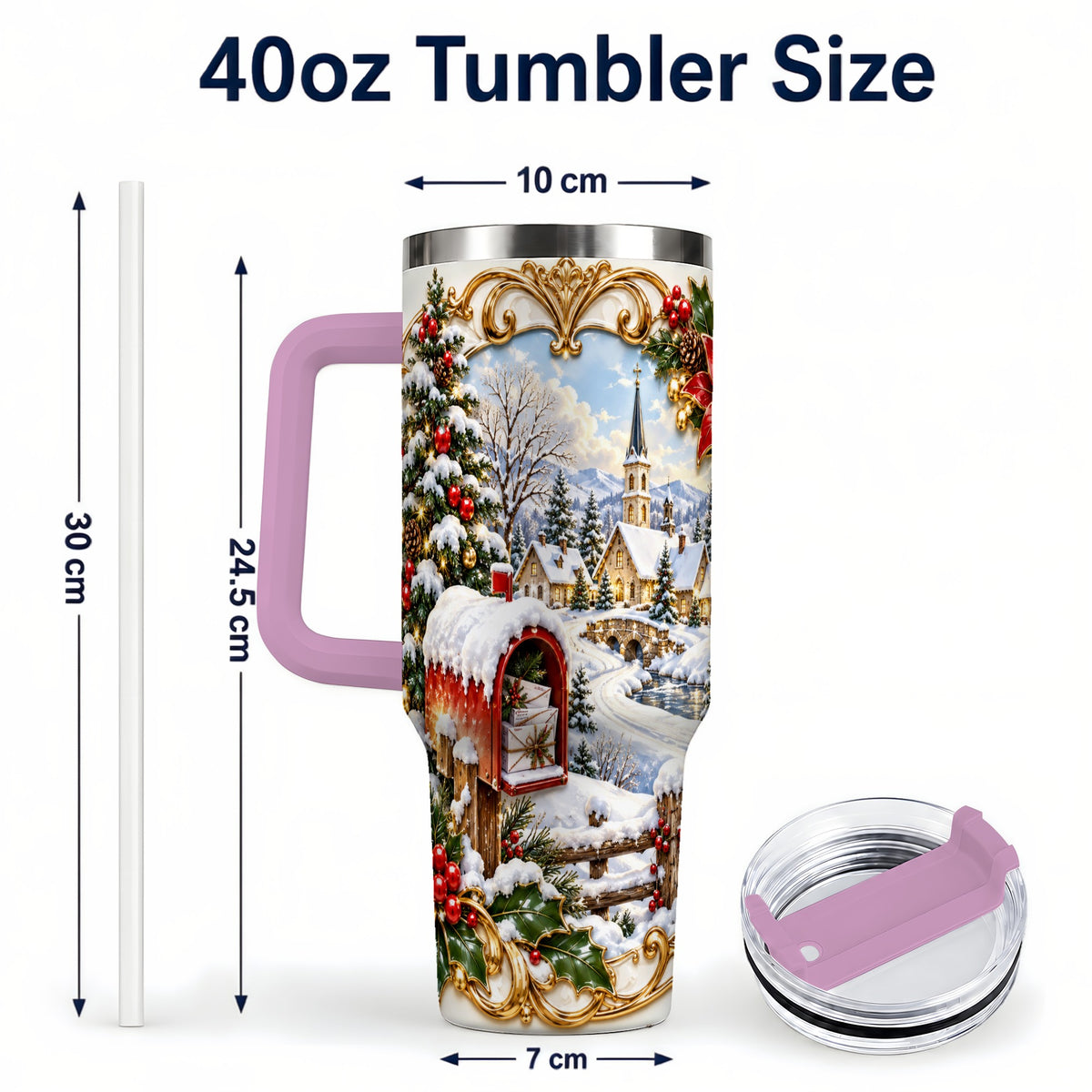 #pl[40oz|Pink] Christmas Mailbox 40oz Tumbler with Handle, Winter Travel Cup