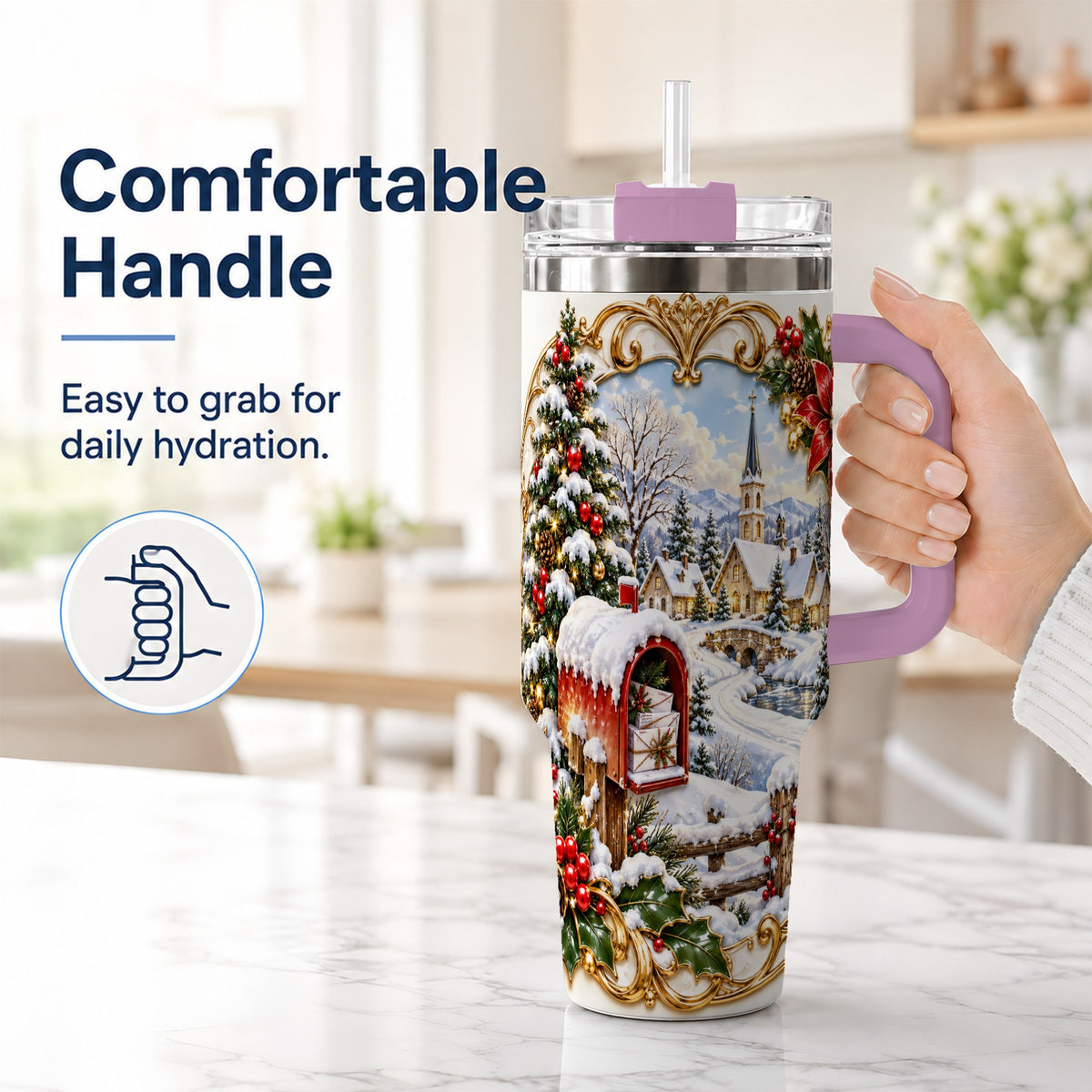 #pl[40oz|Pink] Christmas Mailbox 40oz Tumbler with Handle, Winter Travel Cup