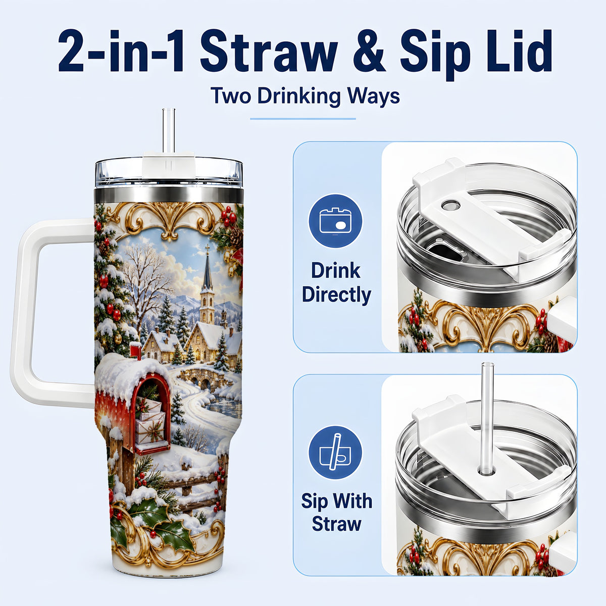 #pl[40oz|White] Christmas Mailbox 40oz Tumbler with Handle, Winter Travel Cup