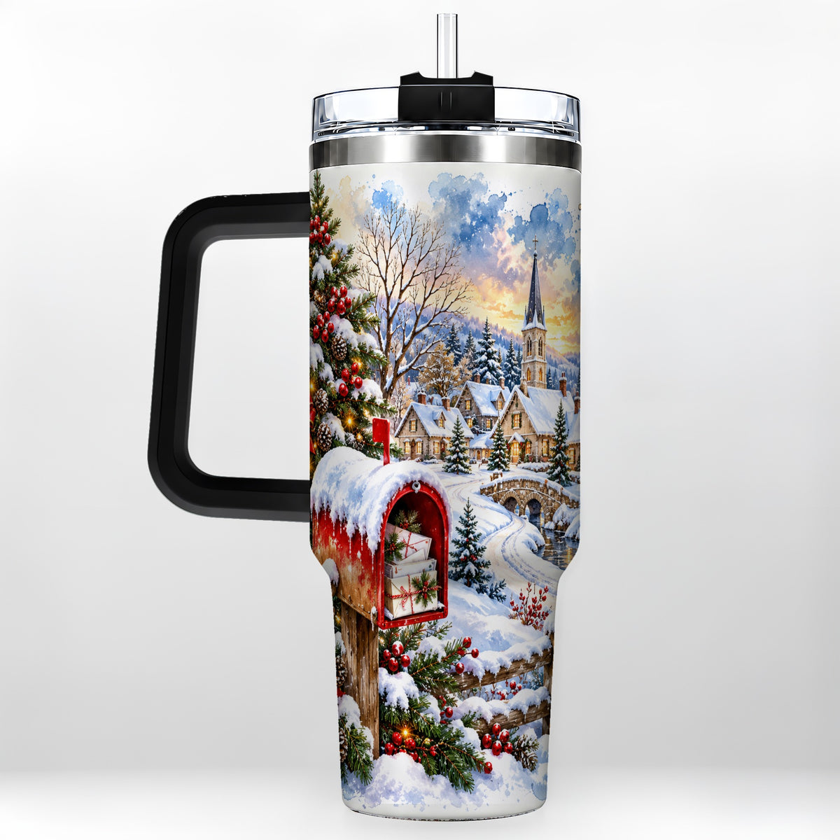 #pl[40oz|Black] Snowy Holiday Village 40oz Tumbler, Winter Stainless Steel Travel Cup