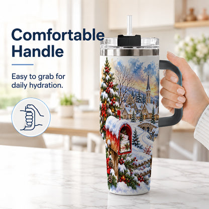 #pl[40oz|Black] Snowy Holiday Village 40oz Tumbler, Winter Stainless Steel Travel Cup