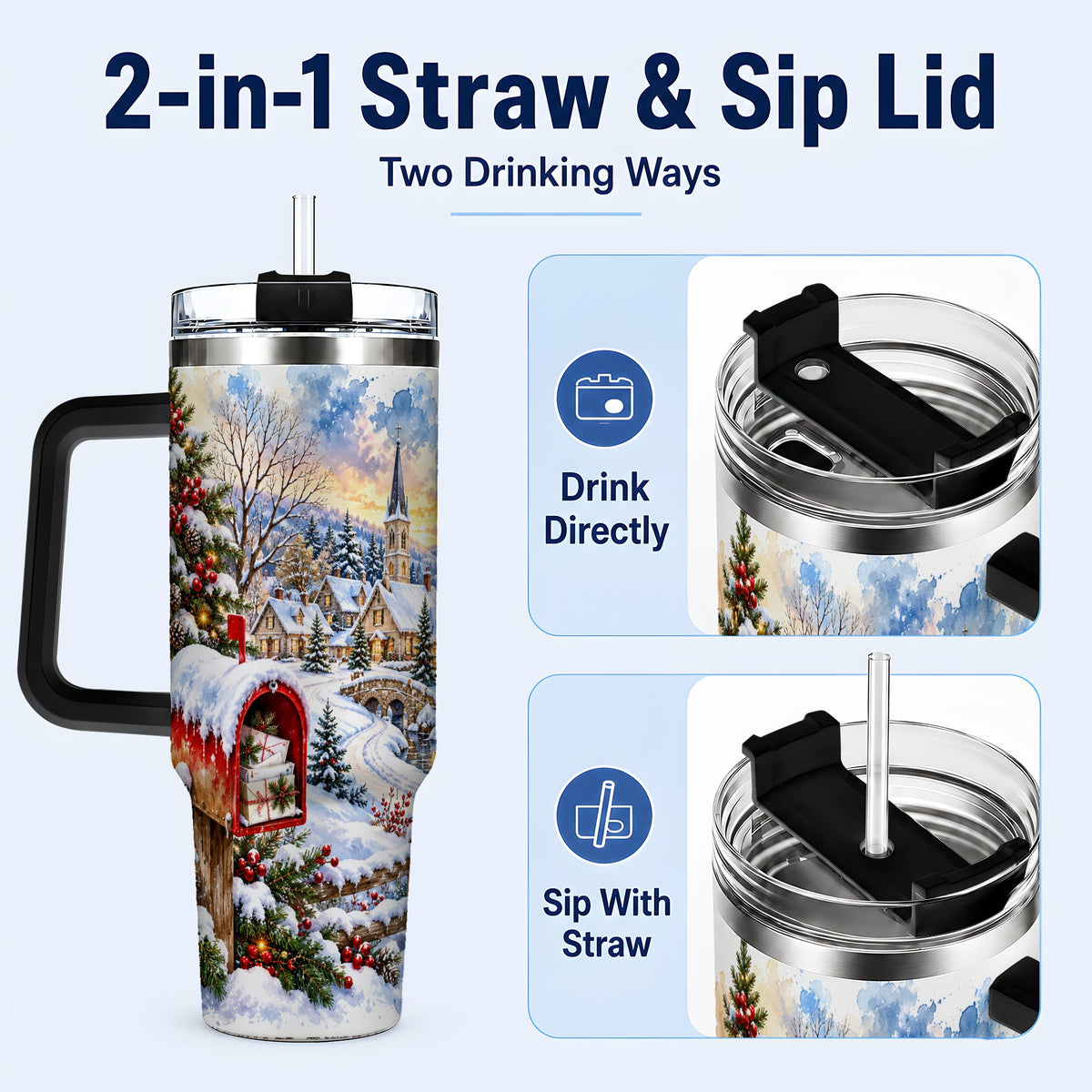 #pl[40oz|Black] Snowy Holiday Village 40oz Tumbler, Winter Stainless Steel Travel Cup