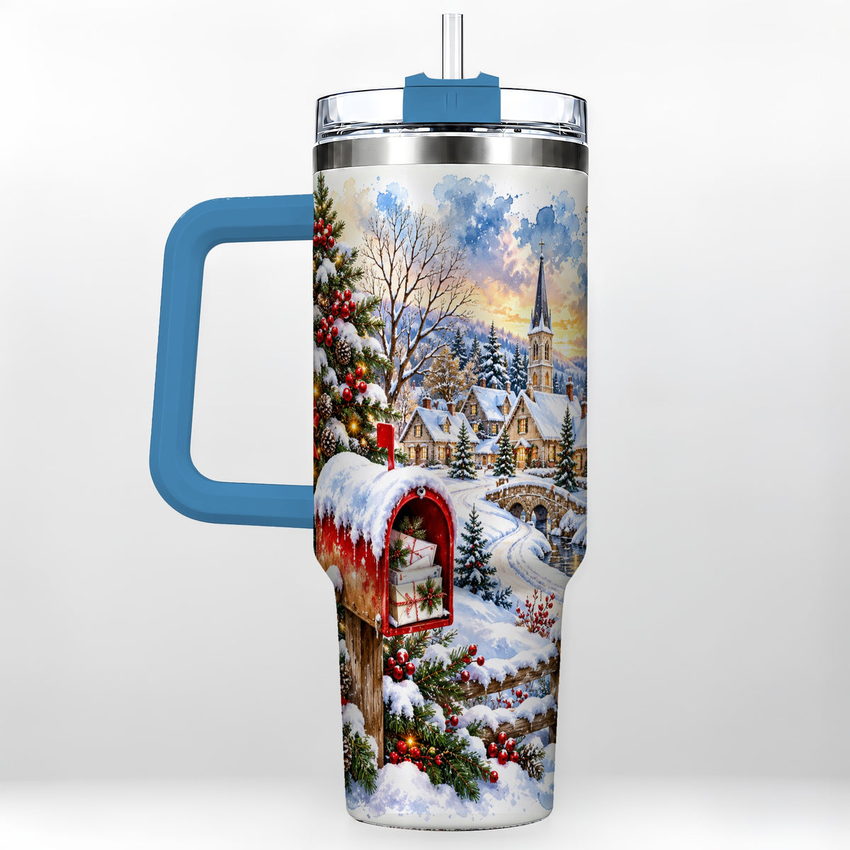 #pl[40oz|Blue] Snowy Holiday Village 40oz Tumbler, Winter Stainless Steel Travel Cup