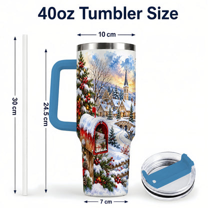 #pl[40oz|Blue] Snowy Holiday Village 40oz Tumbler, Winter Stainless Steel Travel Cup