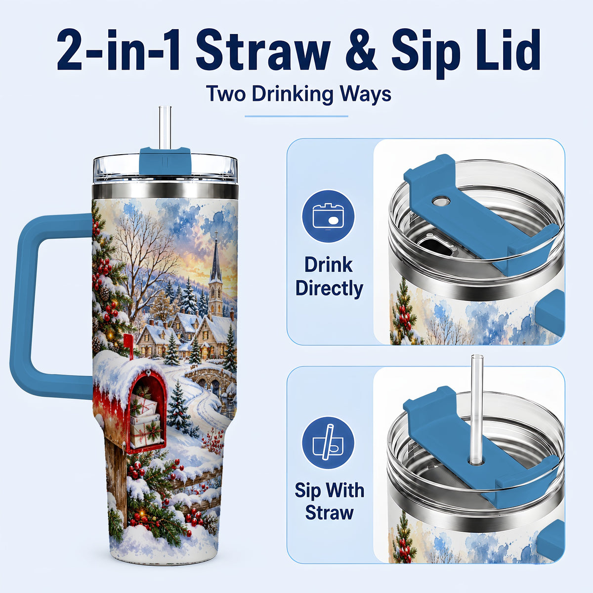 #pl[40oz|Blue] Snowy Holiday Village 40oz Tumbler, Winter Stainless Steel Travel Cup