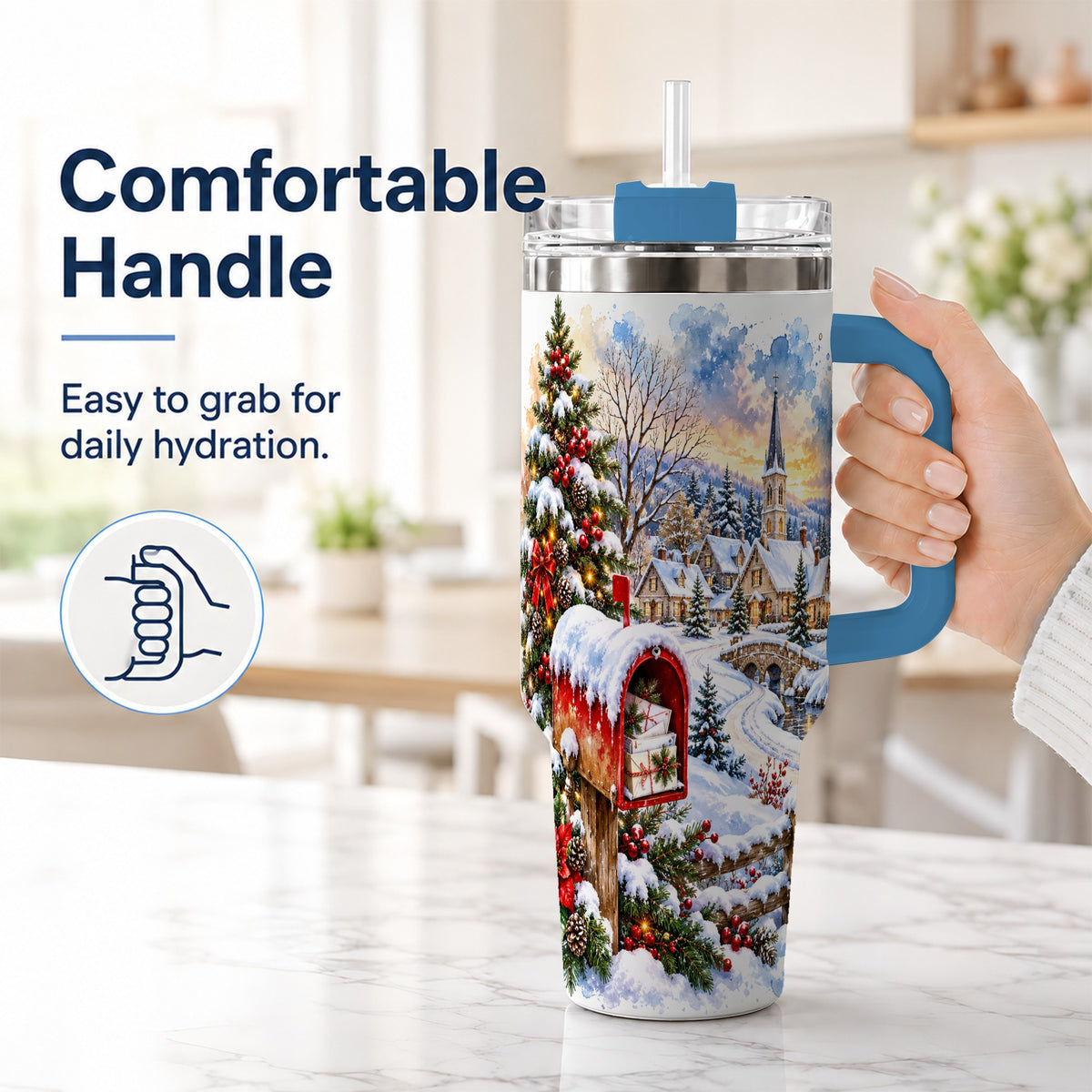 #pl[40oz|Blue] Snowy Holiday Village 40oz Tumbler, Winter Stainless Steel Travel Cup