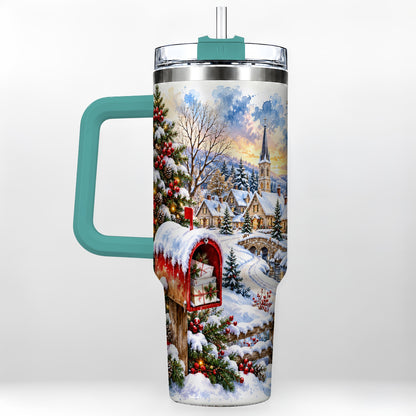 #pl[40oz|Green] Snowy Holiday Village 40oz Tumbler, Winter Stainless Steel Travel Cup