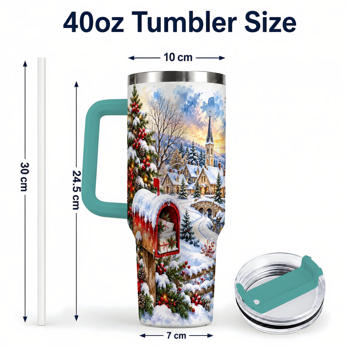 #pl[40oz|Green] Snowy Holiday Village 40oz Tumbler, Winter Stainless Steel Travel Cup