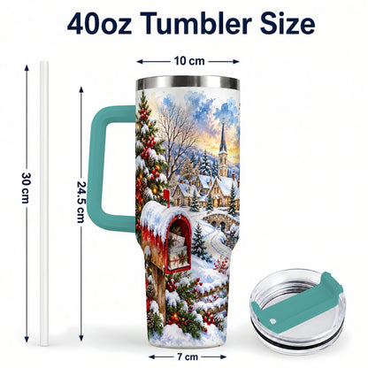 #pl[40oz|Green] Snowy Holiday Village 40oz Tumbler, Winter Stainless Steel Travel Cup