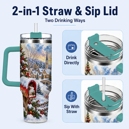 #pl[40oz|Green] Snowy Holiday Village 40oz Tumbler, Winter Stainless Steel Travel Cup