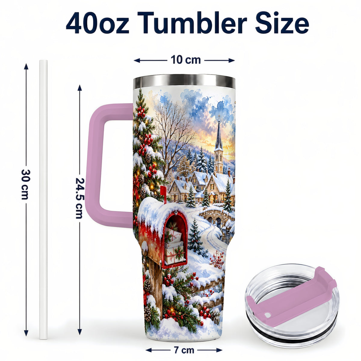 #pl[40oz|Pink] Snowy Holiday Village 40oz Tumbler, Winter Stainless Steel Travel Cup