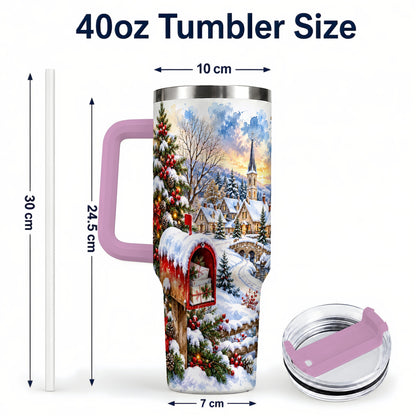 #pl[40oz|Pink] Snowy Holiday Village 40oz Tumbler, Winter Stainless Steel Travel Cup