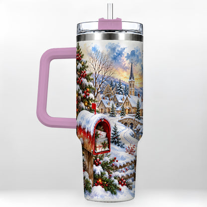 #pl[40oz|Pink] Snowy Holiday Village 40oz Tumbler, Winter Stainless Steel Travel Cup