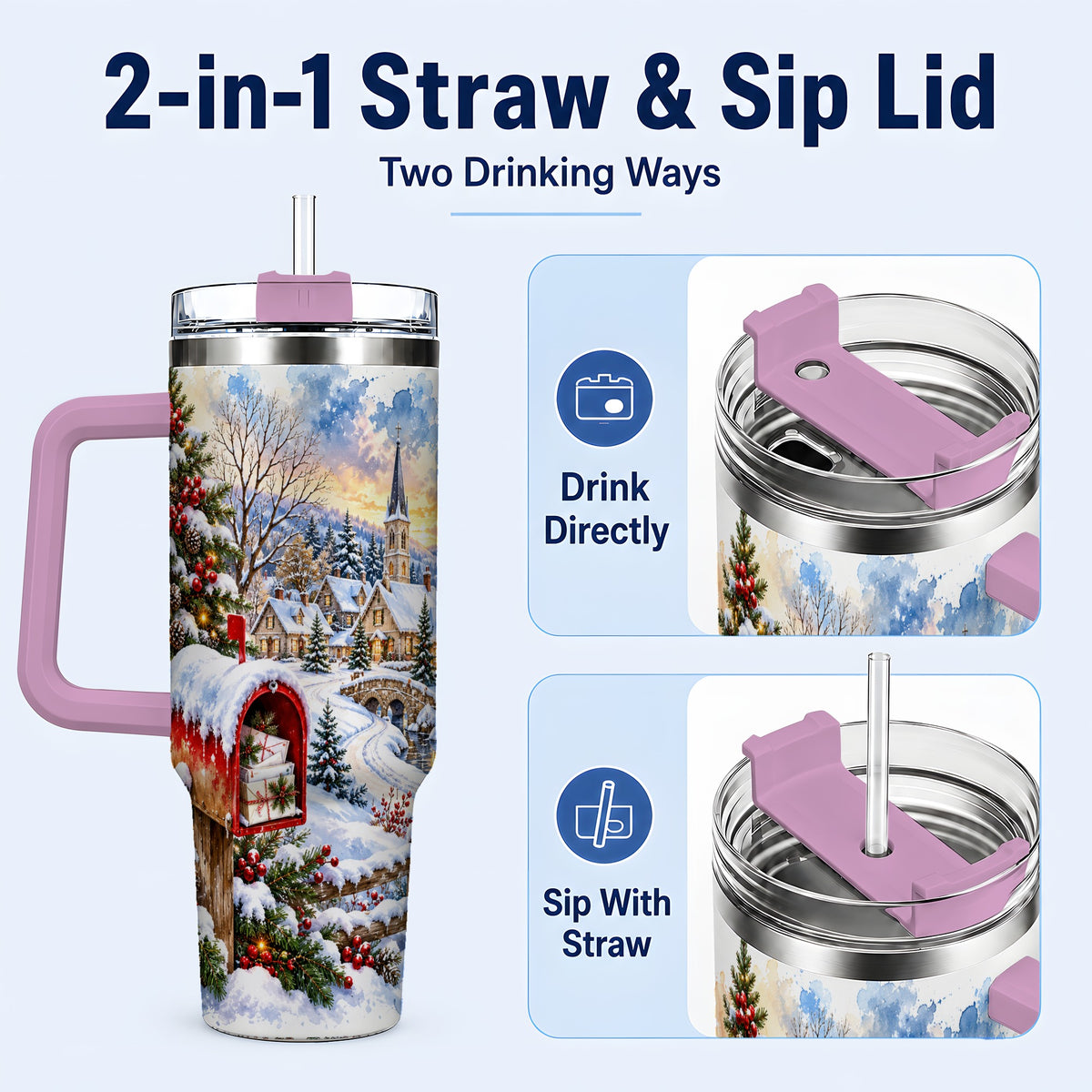 #pl[40oz|Pink] Snowy Holiday Village 40oz Tumbler, Winter Stainless Steel Travel Cup