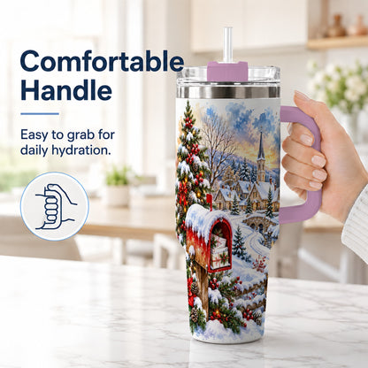 #pl[40oz|Pink] Snowy Holiday Village 40oz Tumbler, Winter Stainless Steel Travel Cup