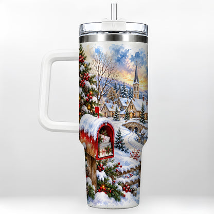 Snowy Holiday Village 40oz Tumbler, Winter Stainless Steel Travel Cup