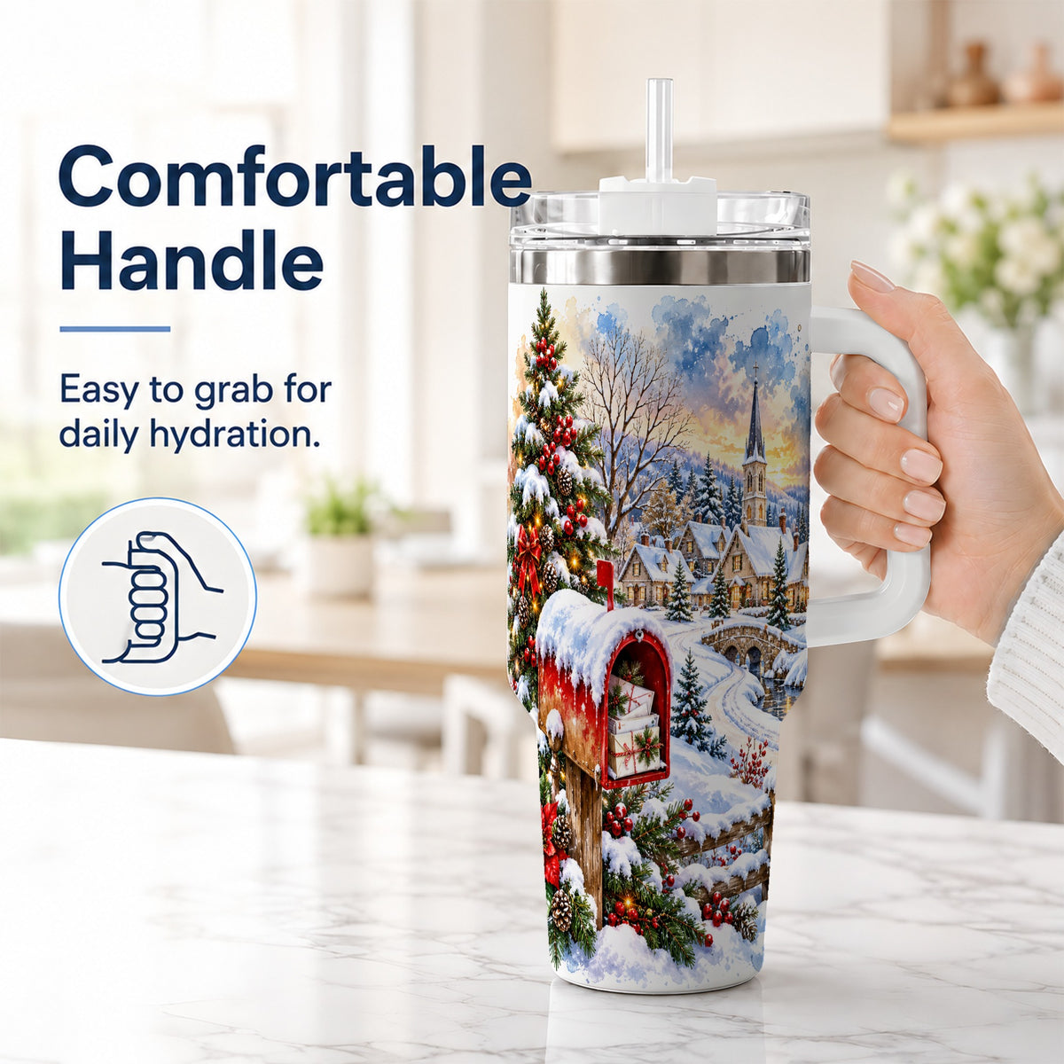 #pl[40oz|White] Snowy Holiday Village 40oz Tumbler, Winter Stainless Steel Travel Cup