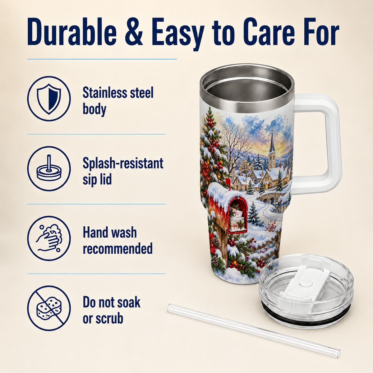 Snowy Holiday Village 40oz Tumbler, Winter Stainless Steel Travel Cup