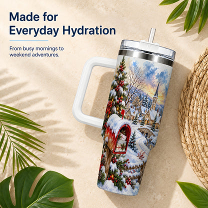 Snowy Holiday Village 40oz Tumbler, Winter Stainless Steel Travel Cup