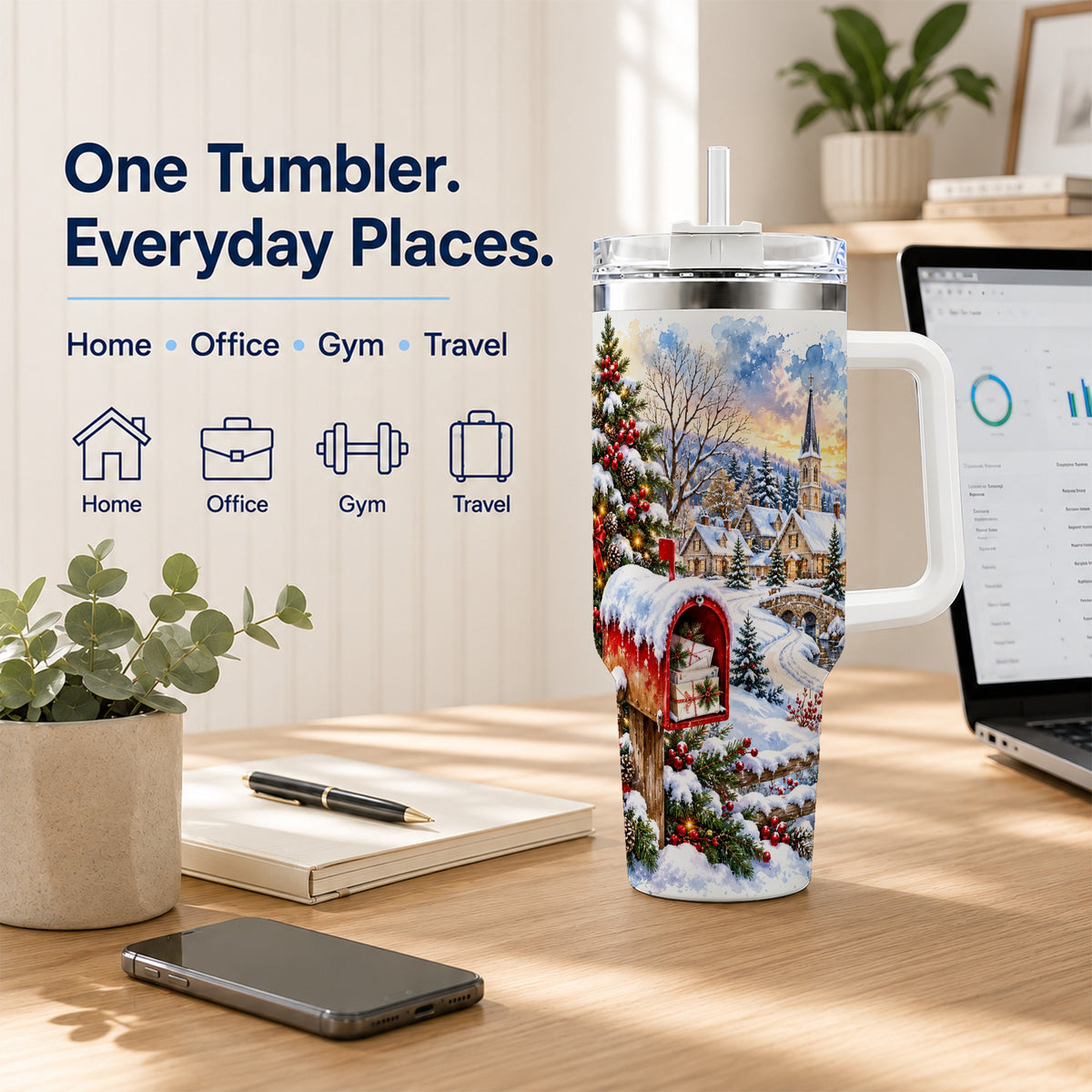 Snowy Holiday Village 40oz Tumbler, Winter Stainless Steel Travel Cup