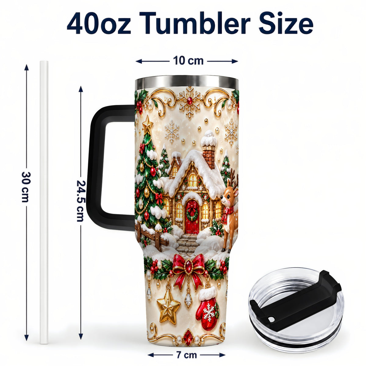 #pl[40oz|Black] Festive Winter Cottage 40oz Tumbler, Reindeer Stainless Steel Travel Cup