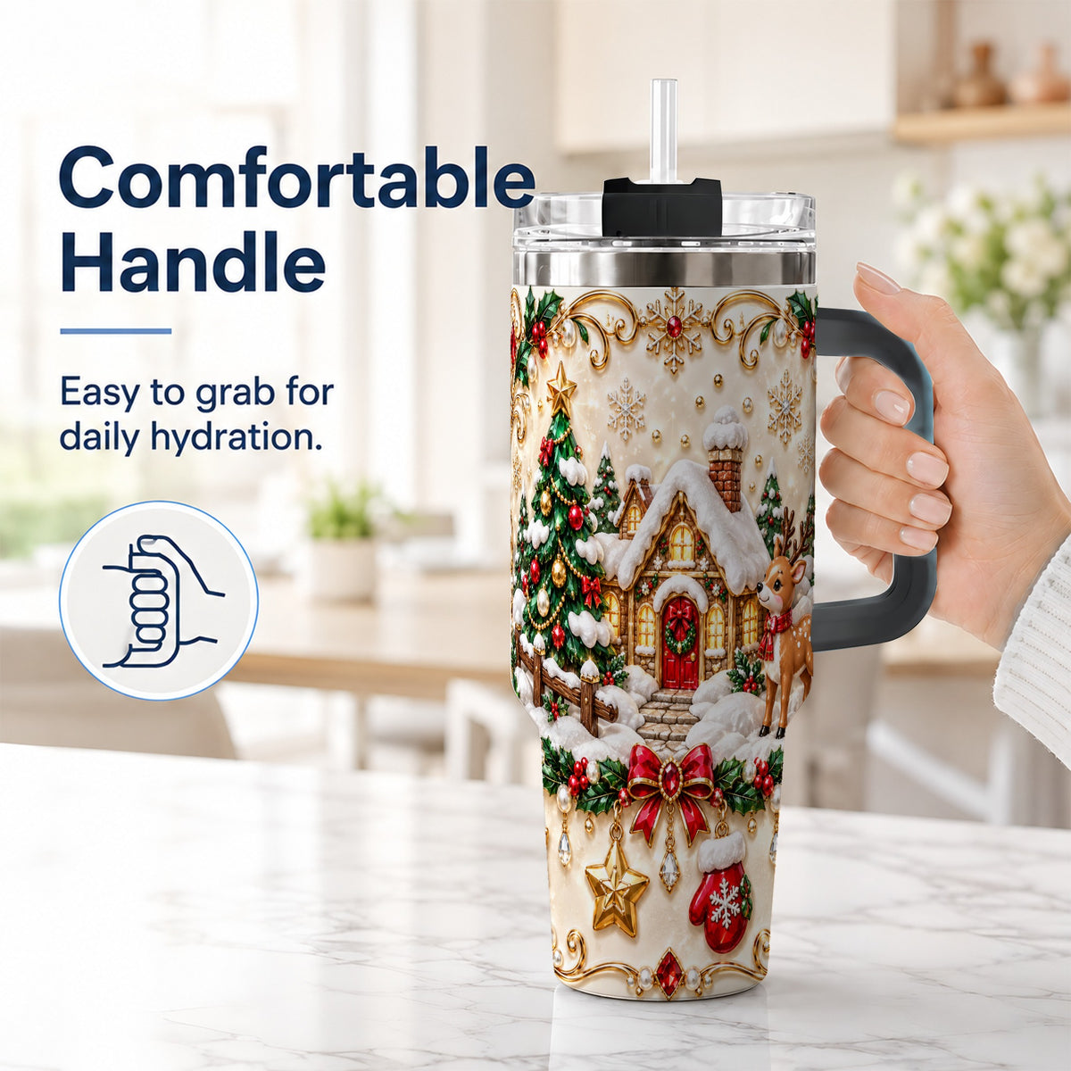 #pl[40oz|Black] Festive Winter Cottage 40oz Tumbler, Reindeer Stainless Steel Travel Cup