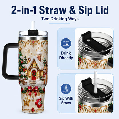 #pl[40oz|Black] Festive Winter Cottage 40oz Tumbler, Reindeer Stainless Steel Travel Cup