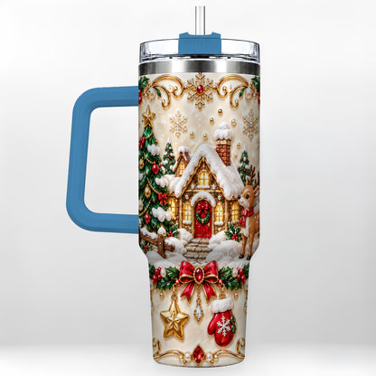 #pl[40oz|Blue] Festive Winter Cottage 40oz Tumbler, Reindeer Stainless Steel Travel Cup