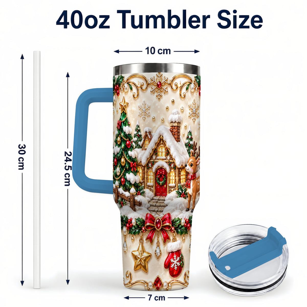 #pl[40oz|Blue] Festive Winter Cottage 40oz Tumbler, Reindeer Stainless Steel Travel Cup