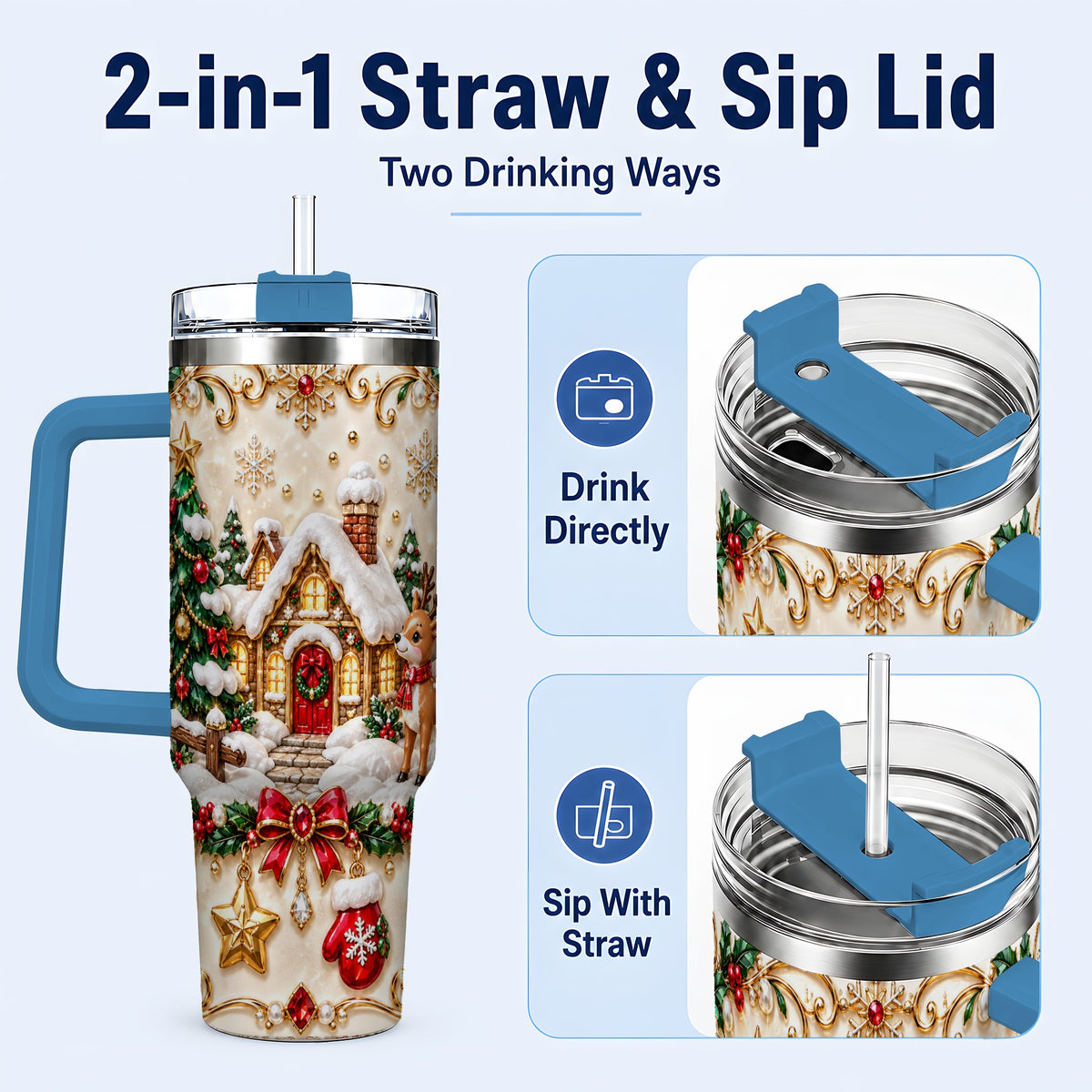 #pl[40oz|Blue] Festive Winter Cottage 40oz Tumbler, Reindeer Stainless Steel Travel Cup
