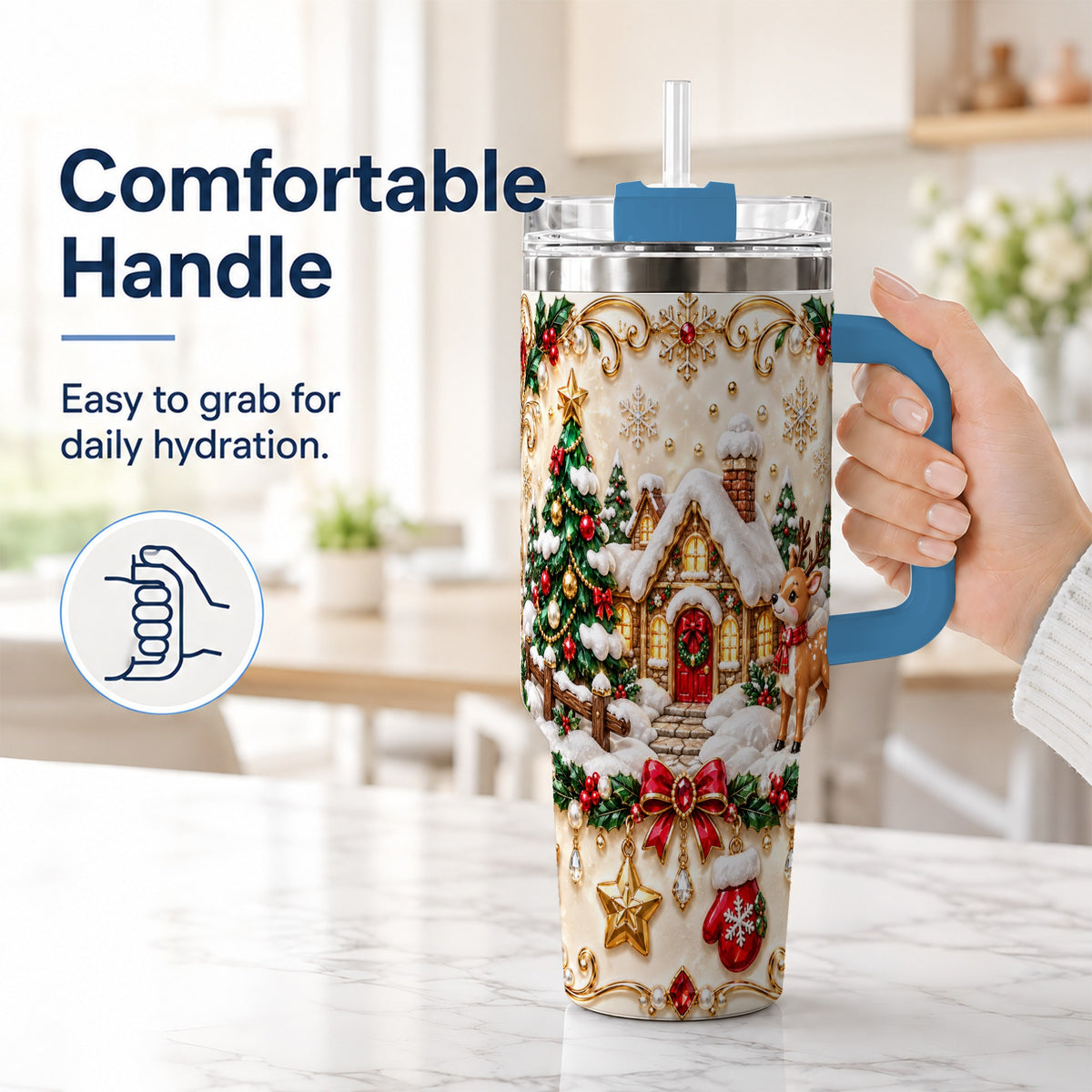 #pl[40oz|Blue] Festive Winter Cottage 40oz Tumbler, Reindeer Stainless Steel Travel Cup