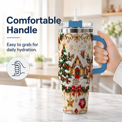 #pl[40oz|Blue] Festive Winter Cottage 40oz Tumbler, Reindeer Stainless Steel Travel Cup