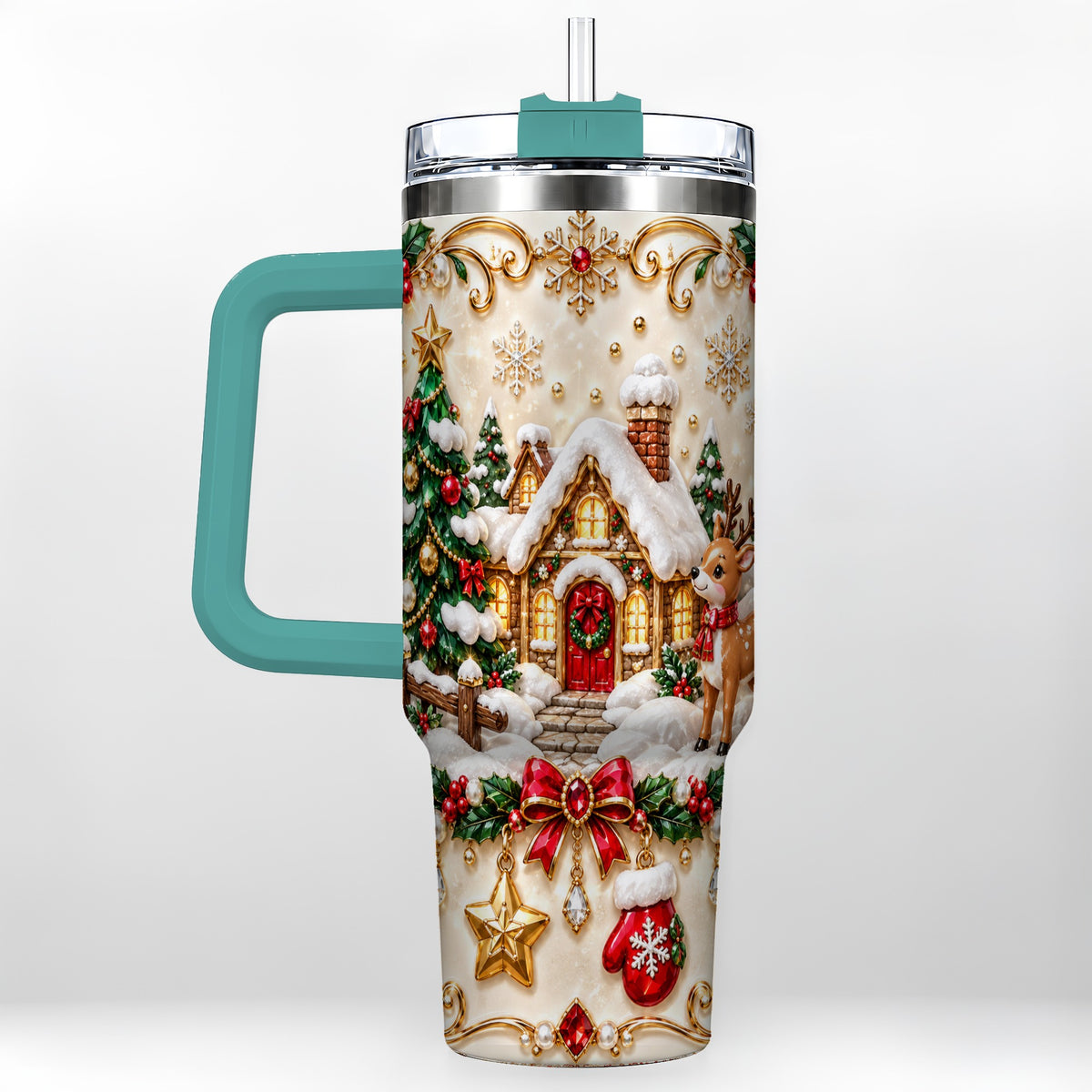 #pl[40oz|Green] Festive Winter Cottage 40oz Tumbler, Reindeer Stainless Steel Travel Cup
