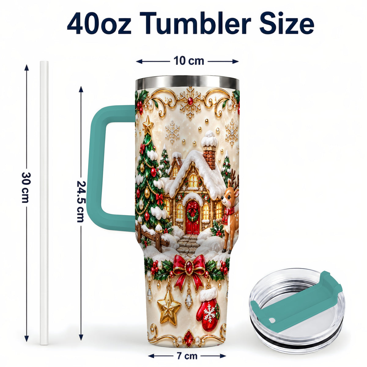 #pl[40oz|Green] Festive Winter Cottage 40oz Tumbler, Reindeer Stainless Steel Travel Cup