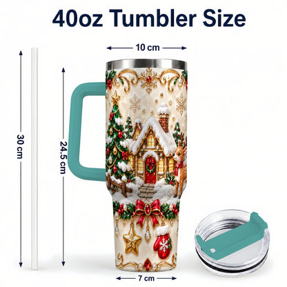 #pl[40oz|Green] Festive Winter Cottage 40oz Tumbler, Reindeer Stainless Steel Travel Cup