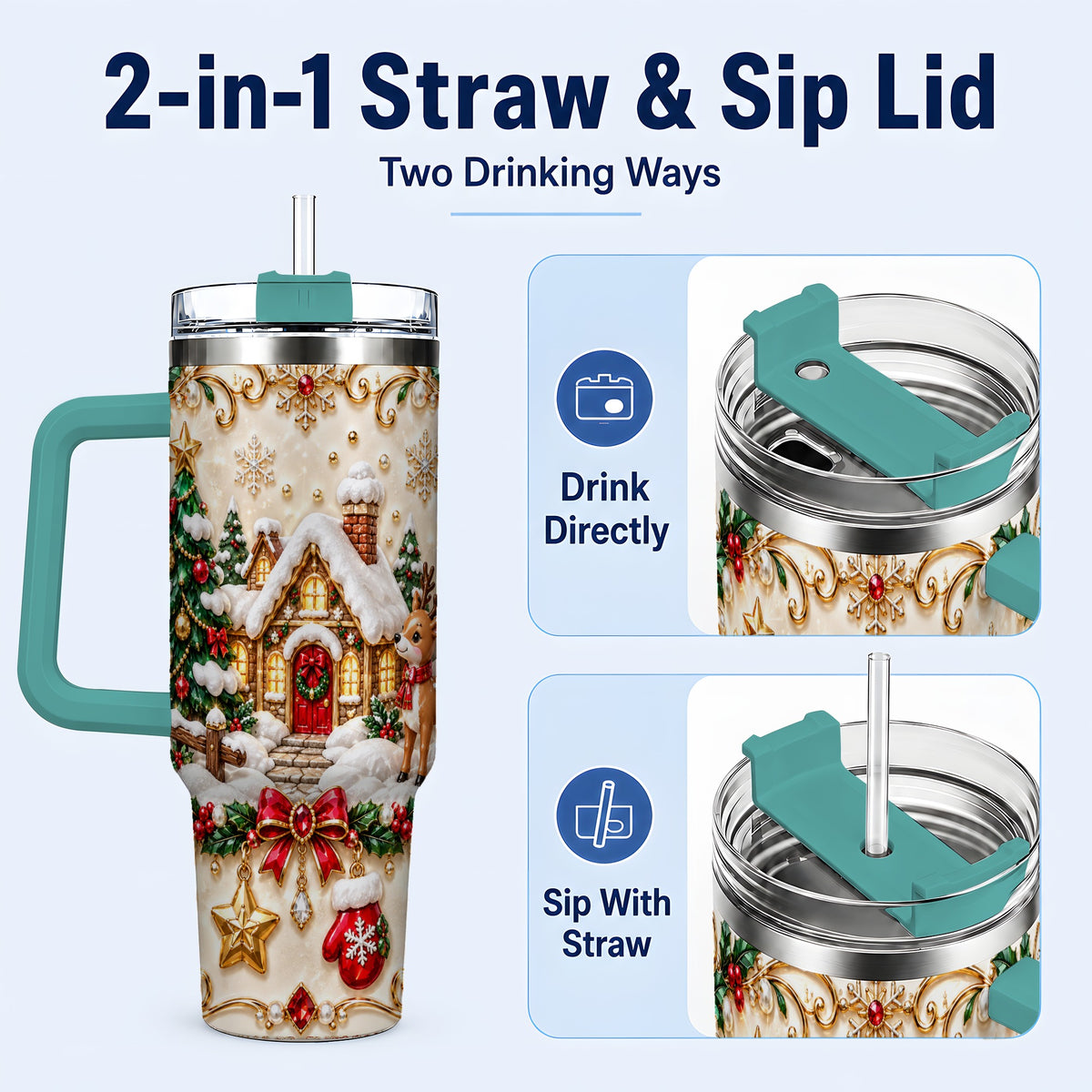 #pl[40oz|Green] Festive Winter Cottage 40oz Tumbler, Reindeer Stainless Steel Travel Cup