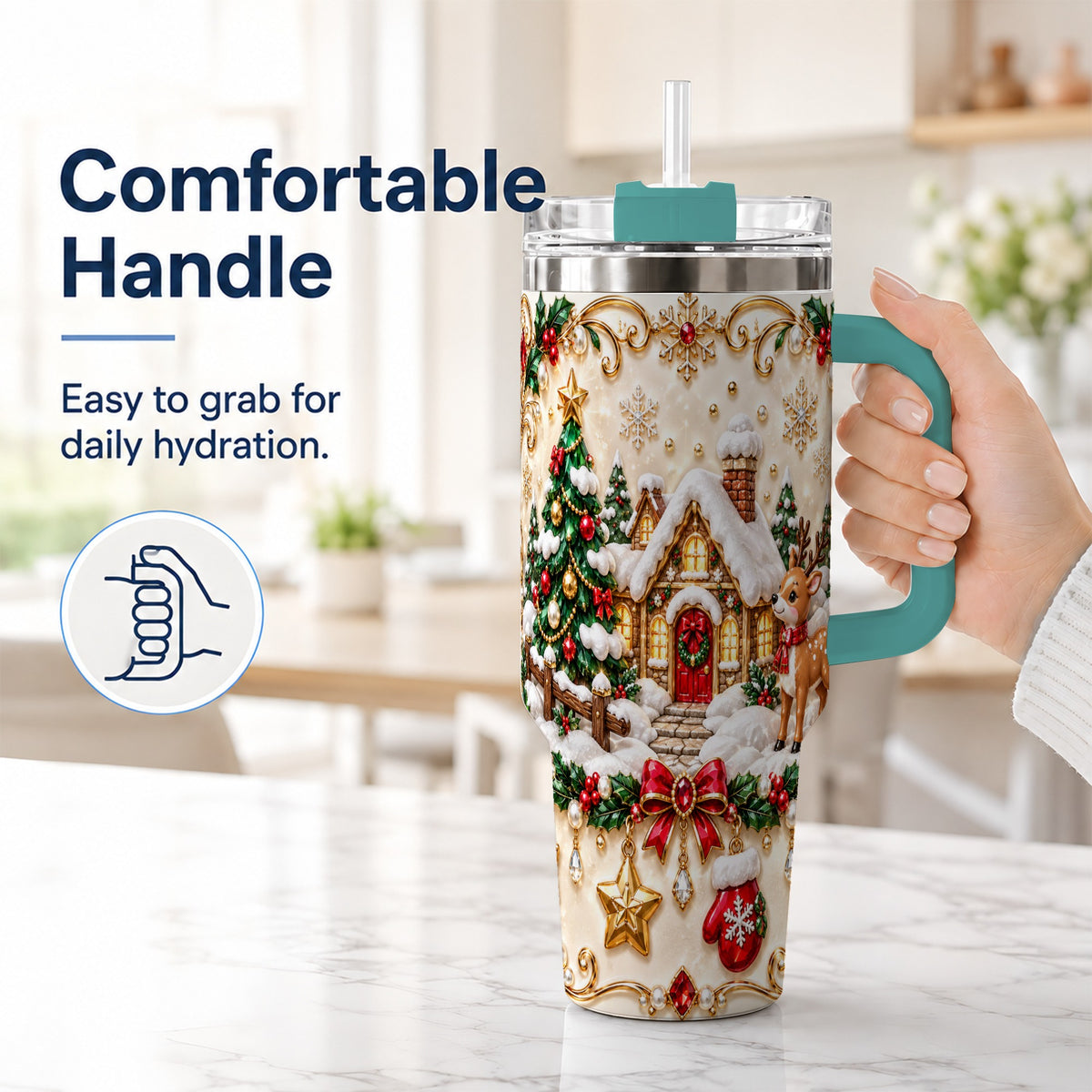 #pl[40oz|Green] Festive Winter Cottage 40oz Tumbler, Reindeer Stainless Steel Travel Cup