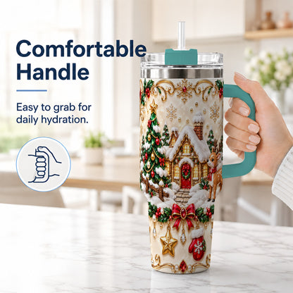 #pl[40oz|Green] Festive Winter Cottage 40oz Tumbler, Reindeer Stainless Steel Travel Cup