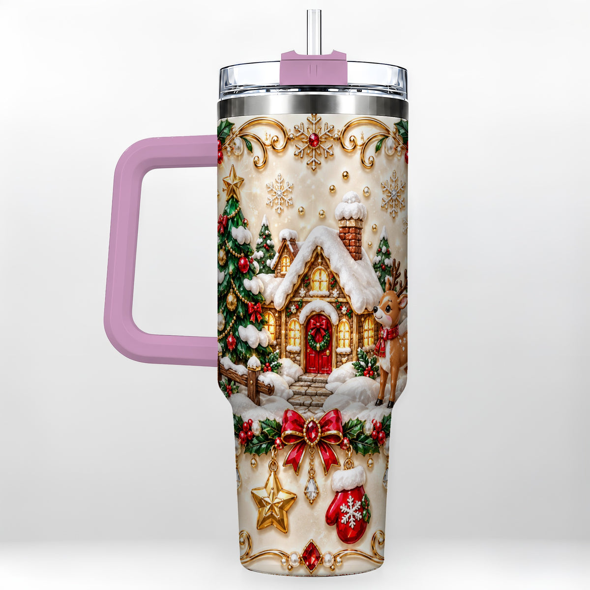 #pl[40oz|Pink] Festive Winter Cottage 40oz Tumbler, Reindeer Stainless Steel Travel Cup