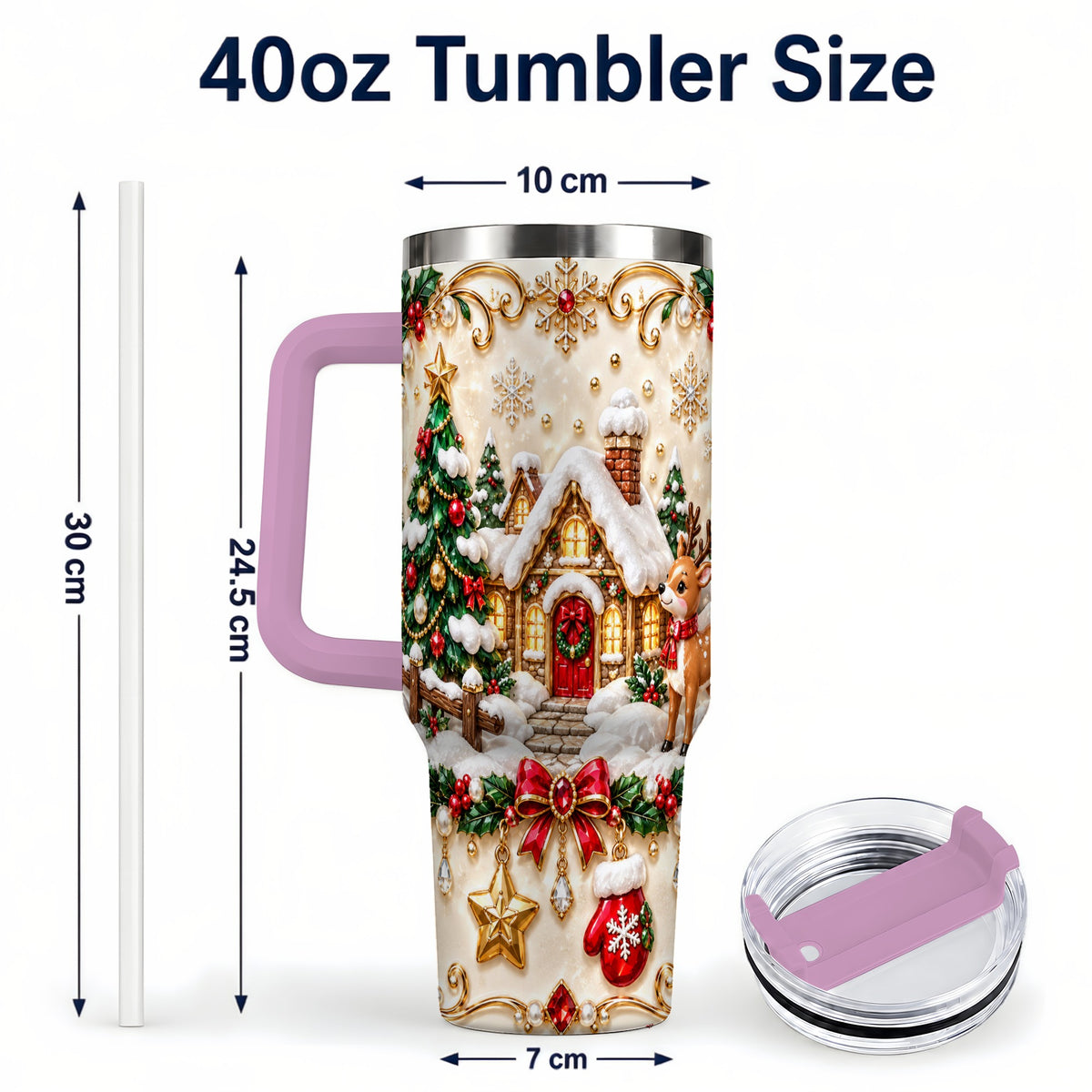 #pl[40oz|Pink] Festive Winter Cottage 40oz Tumbler, Reindeer Stainless Steel Travel Cup