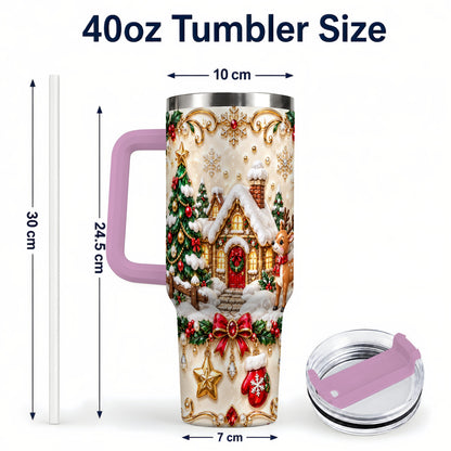 #pl[40oz|Pink] Festive Winter Cottage 40oz Tumbler, Reindeer Stainless Steel Travel Cup